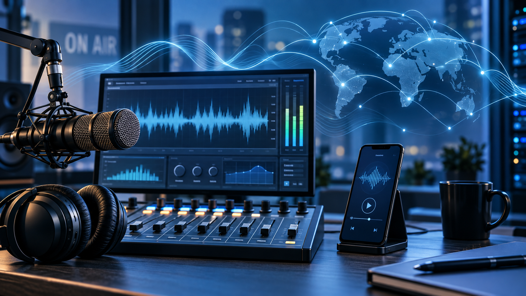 Estudio de radio con micrófono, consola, notebook, auriculares y reproducción de streaming en un celular